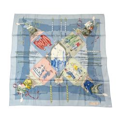◆◆ HERMES エルメス スカーフ　シルク100％　カレ　正方形　人　楽譜他 スカイブルー Bランク