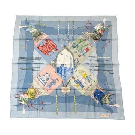  HERMES エルメス スカーフ　シルク100％　カレ　正方形　人　楽譜他 スカイブルー