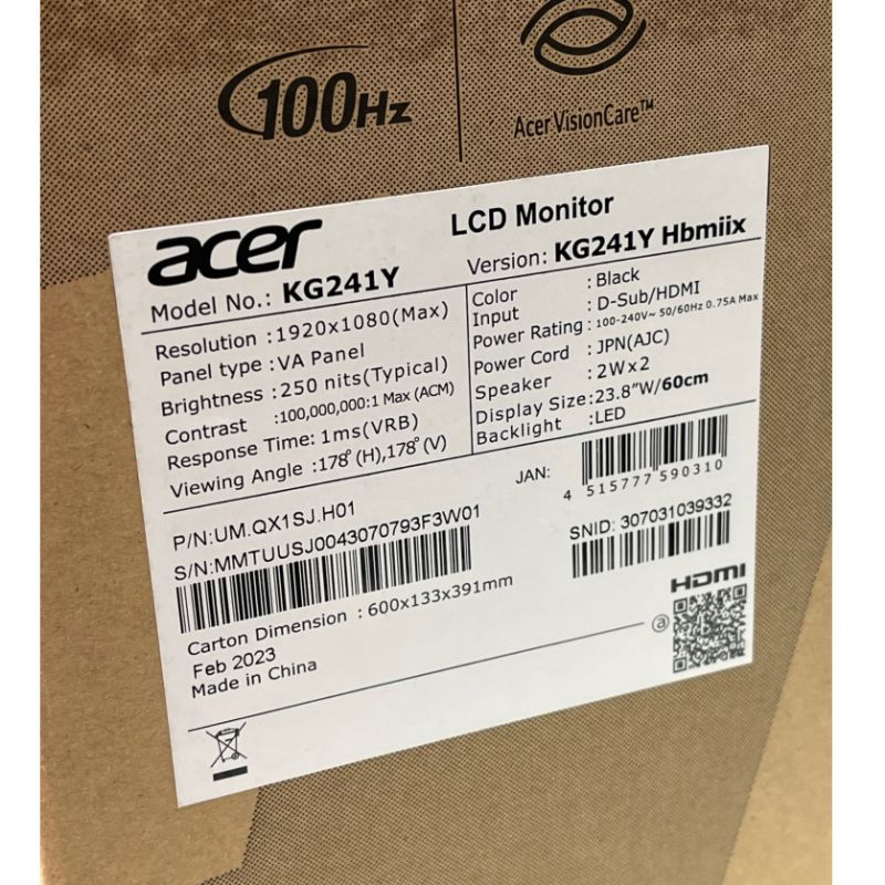 中古】 acer エイサー ゲーミングモニター 23.8インチ 2023年製 KG241Y