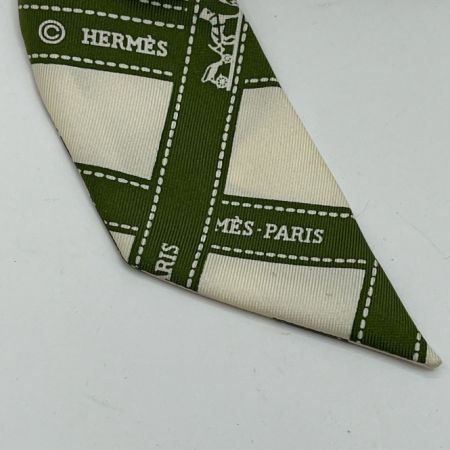  HERMES エルメス ツイリー リボンスカーフ  ベージュ×グリーン