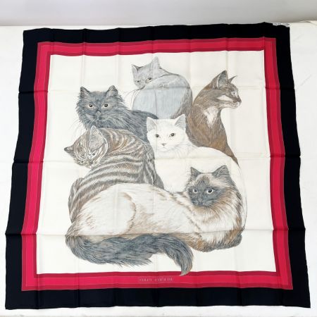  HERMES エルメス スカーフ ネコ6匹 シルク100% レッド×ブラック