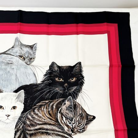  HERMES エルメス スカーフ ネコ6匹 シルク100% レッド×ブラック