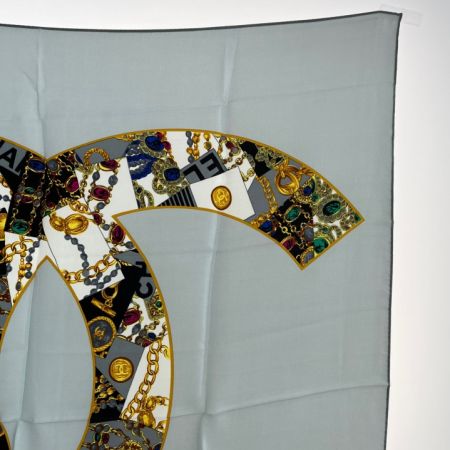  CHANEL シャネル スカーフ 大判スカーフ デカココマーク チェーン グレー系