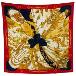 ◆◆ HERMES エルメス スカーフ 大判スカーフ 鳥 鎖 赤/紺 柄 Bランク