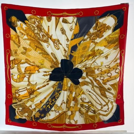  HERMES エルメス スカーフ 大判スカーフ 鳥 鎖 赤/紺 柄