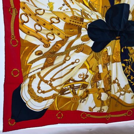  HERMES エルメス スカーフ 大判スカーフ 鳥 鎖 赤/紺 柄