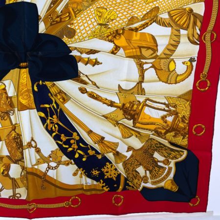  HERMES エルメス スカーフ 大判スカーフ 鳥 鎖 赤/紺 柄