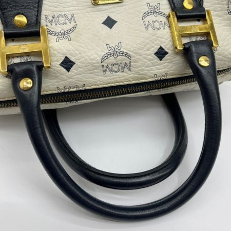  MCM エムシーエム ミニボストン バッグ 白 モノグラム ヴィトセス柄 ホワイト×ネイビー