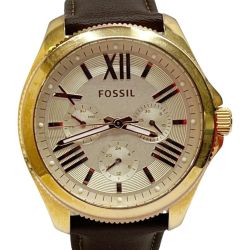 ◆◆ FOSSIL フォッシル クオーツ 腕時計 セシール デイデイト 741607 ゴールド x ブラウン Bランク