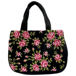 ◆◆ FEILER フェイラー ハンドバッグ トート バラ柄 黒/ピンク薔薇 x ピンク Aランク