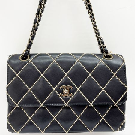  CHANEL シャネル マトラッセ ワイルドステッチ ショルダーバッグ Wチェーン ブラック×アイボリー x アイボリー