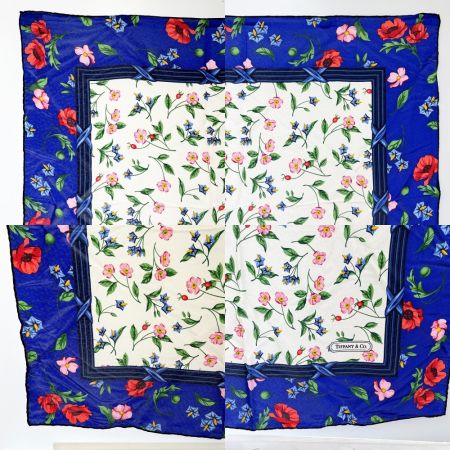  Tiffany & Co. ティファニー スカーフ ブルー 花柄 箱付 ブルー