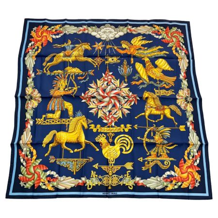  HERMES エルメス 大判スカーフ カレ90 シルク ネイビー