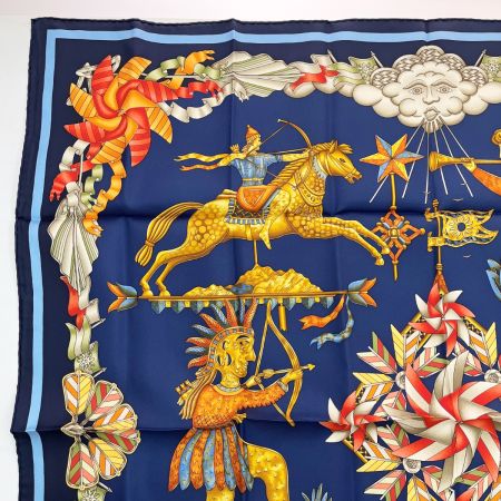  HERMES エルメス 大判スカーフ カレ90 シルク ネイビー