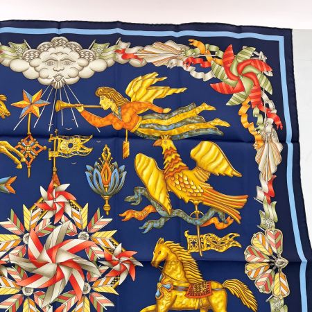  HERMES エルメス 大判スカーフ カレ90 シルク ネイビー