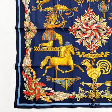  HERMES エルメス 大判スカーフ カレ90 シルク ネイビー