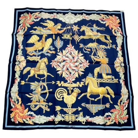  HERMES エルメス 大判スカーフ カレ90 シルク ネイビー