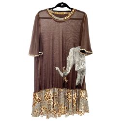 ◆◆ ITALIYA イタリヤ 伊太利屋 ワンピース 11号 ミセス ゾウ ヒョウ柄 ヒョウ柄フリル ブラウン Bランク