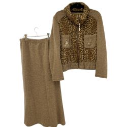 ◆◆ ITALIYA イタリヤ 伊太利屋 ニットセットアップ ヒョウ柄 11号 ロングスカート ブラウン Bランク