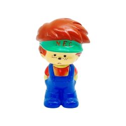 ◆◆  NEC ソフビ人形 NEC坊や 緑サンバイザー 青オーバーオール 昭和レトロ Bランク