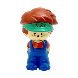 ◆◆  NEC ソフビ人形 NEC坊や 緑サンバイザー 青オーバーオール 昭和レトロ Bランク