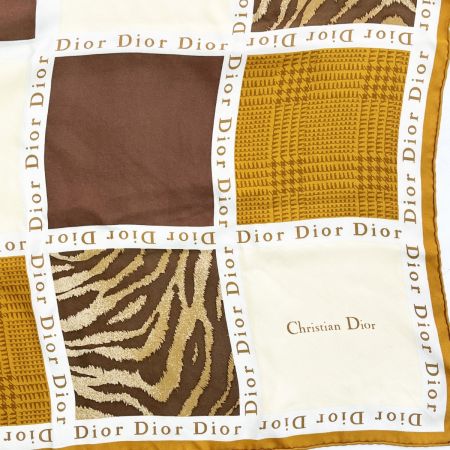  Christian Dior クリスチャンディオール シルクスカーフ アニマル柄 シワ有 箱無 ブラウン