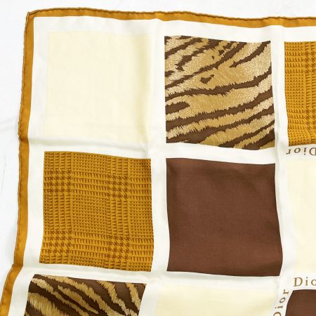  Christian Dior クリスチャンディオール シルクスカーフ アニマル柄 シワ有 箱無 ブラウン