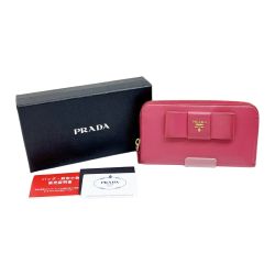 ◆◆ PRADA プラダ 長財布 リボン サフィアーノ 箱付 レディース ショッキングピンク Cランク