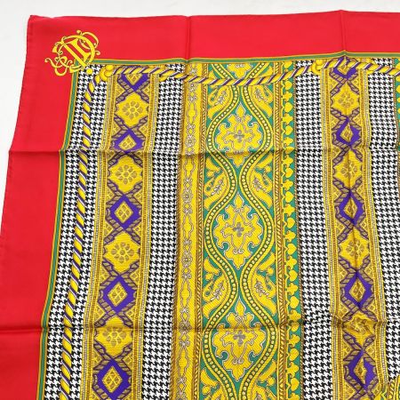  Christian Dior クリスチャンディオール シルクスカーフ 千鳥格子 レディース 赤 レッド ゴールド 柄