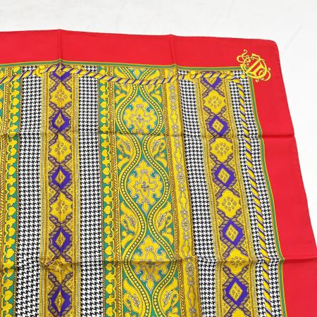  Christian Dior クリスチャンディオール シルクスカーフ 千鳥格子 レディース 赤 レッド ゴールド 柄