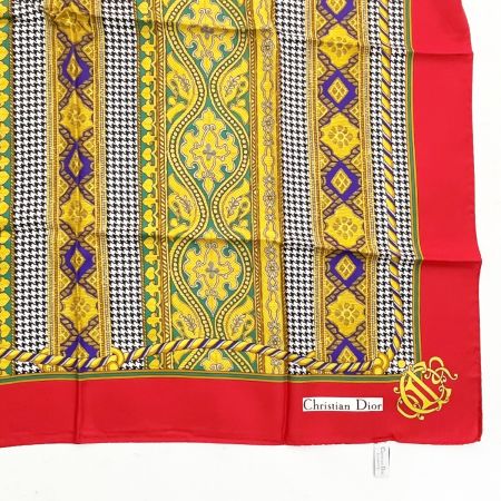  Christian Dior クリスチャンディオール シルクスカーフ 千鳥格子 レディース 赤 レッド ゴールド 柄