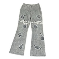 ◆◆ ITALIYA イタリヤ 伊太利屋 パンツ 9号 エレファント ゼブラ ジェラフ ワッペン レディース ミセス ライトグレー Bランク