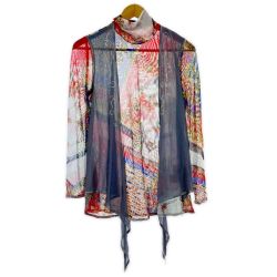 ◆◆ ITALIYA イタリヤ 伊太利屋 カットソー 9号 レーシータートルカーデ風 レディース  レッド×グレー Bランク