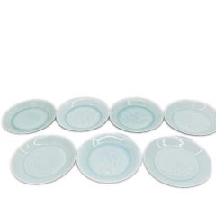   塚本快示 皿7枚セット 青白磁 柄違い 箱ナシ 快山窯 人間国宝 テーブルウェア 和食器 Bランク