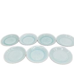 ◆◆  塚本快示 皿7枚セット 青白磁 柄違い 箱ナシ 快山窯 人間国宝 テーブルウェア 和食器 Bランク