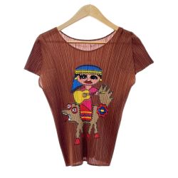 ◆◆ ISSEY MIYAKE イッセイミヤケ PLEATSPLEASE カットソー アニマルウクレレガール サイズ3 PP03-JK841 ブラウン Aランク