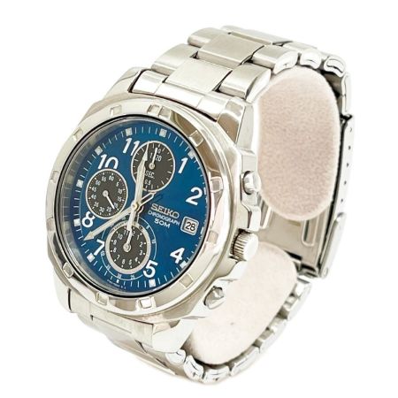  SEIKO セイコー 腕時計 クロノグラフ ブルー R8.5月電池交換済 クロノ針1秒ズレ有 箱・取説・コマ付 SDN193P