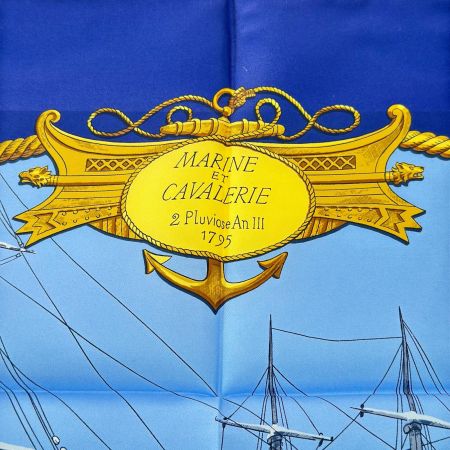 HERMES エルメス スカーフ 馬 海と騎兵隊 シルク100% 青系