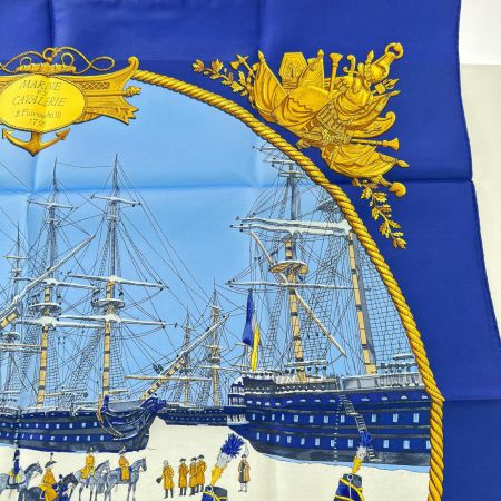 HERMES エルメス スカーフ 馬 海と騎兵隊 シルク100% 青系