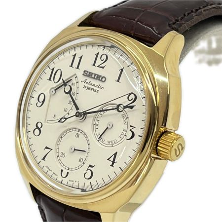  SEIKO セイコー パワーリザーブ 自動巻き腕時計 レザーベルト 6R20-00E0 ゴールド