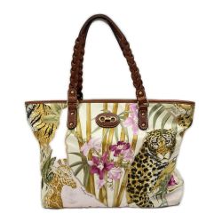 ◆◆ Salvatore Ferragamo サルヴァトーレフェラガモ トートバッグ レザー ナイロン 花柄 アニマル柄  ベージュ Bランク