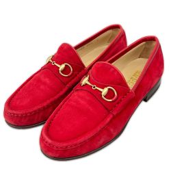 GUCCI グッチ ホースビットローファー スエード ゴールド金具 6B レッド Cランク