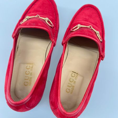 GUCCI グッチ ホースビットローファー スエード ゴールド金具 6B レッド