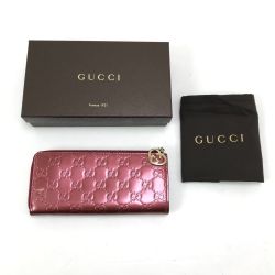 $$ GUCCI グッチ L字ジップ長財布 295671 メタルピンクレッド系 Aランク