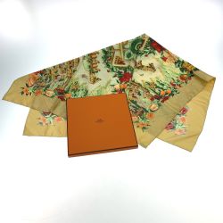 $$ HERMES エルメス シルク スカーフ カレ90 Au pays de Cocagne 『楽園にて』 ベージュ Aランク