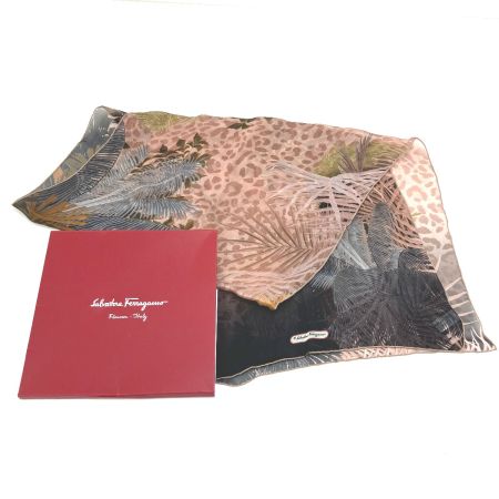  Ferragamo フェラガモ ヒョウ柄＆木 スカーフ シルク100% ブラウン