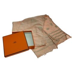  HERMES エルメス Hロゴ ショール 大判 ラメ ライトピンク Bランク