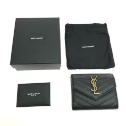 $$ Yves Saint Laurent イブサンローラン 3つ折り財布 ロゴVステッチ INN403943.0822 ブラック Aランク