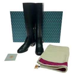 $$ TORY BURCH トリーバーチ カウレザー ローヒール ロングブーツ  24.5cm 40343 ブラック Bランク