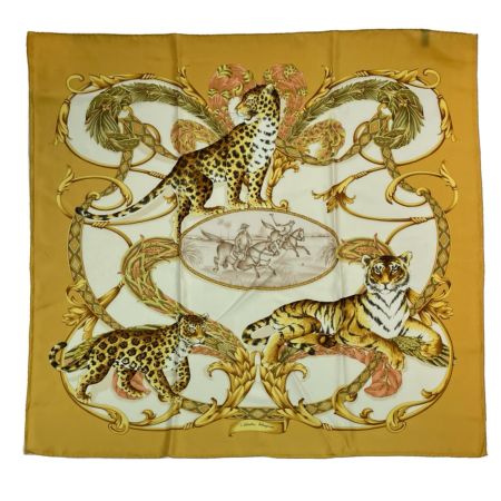  Salvatore Ferragamo サルヴァトーレフェラガモ スカーフ ヒョウ柄 シルク イエロー